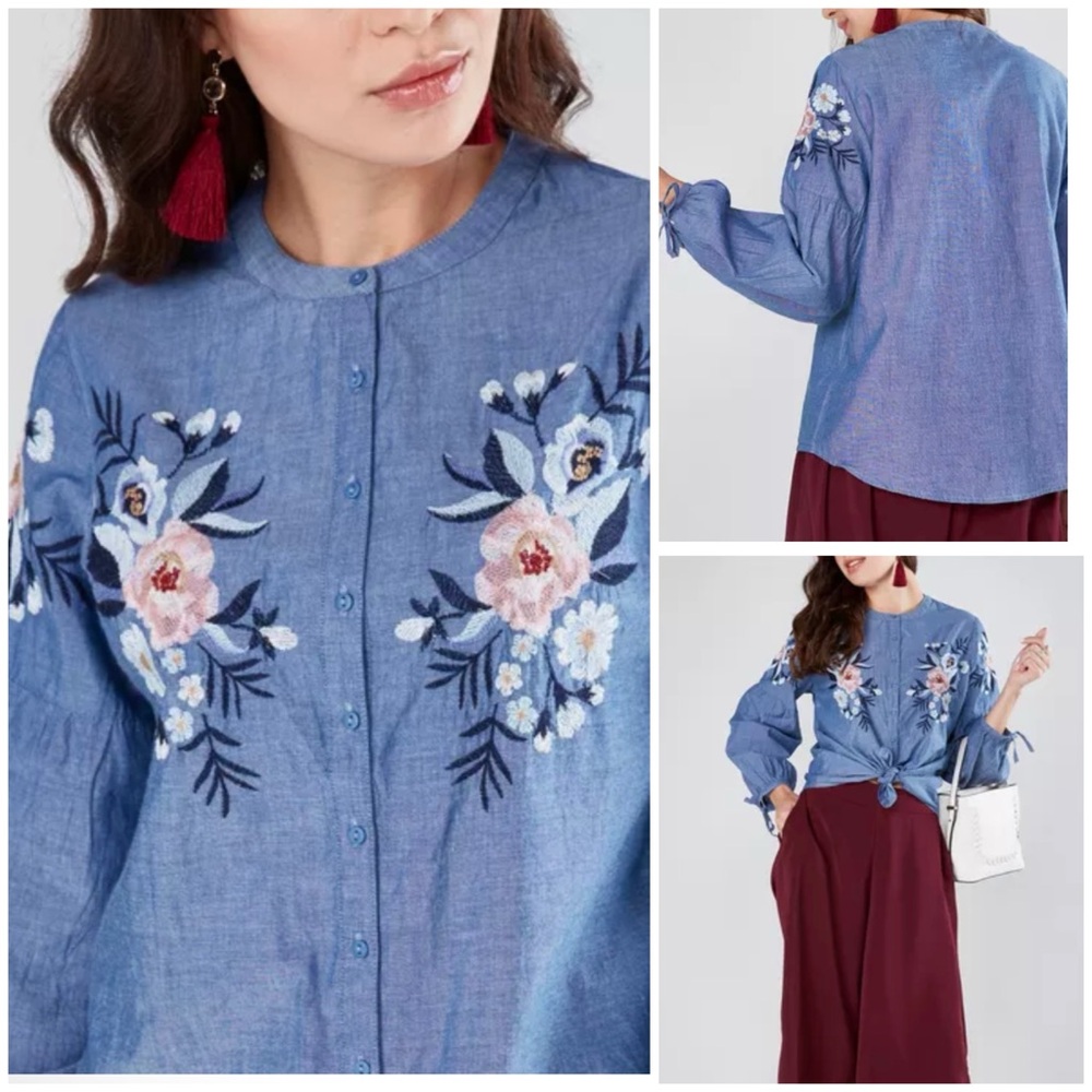 Max Floral Embroidered Blue Floral Button Down Blouse Size Medium